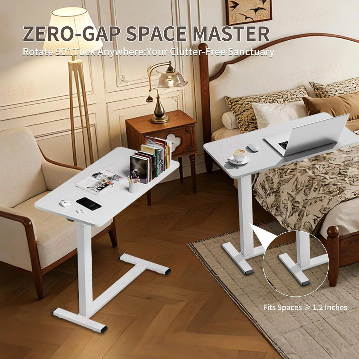 Ywin Hospital Bedside Table with Wheels, Pneumatic Lift, White - Image 6
