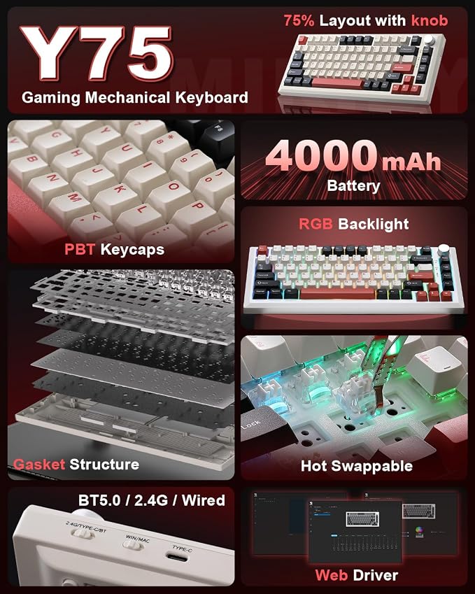 Y75 Wireless Mechanical Keyboard,75% Hot Swappable Custom Keyboard with Knob,RGB Backlit, PBT Keycaps,2.4GHz/USB-C/BT5.0 Mechanical Gaming Keyboards(White&Red,Milk Switch) - Image 2