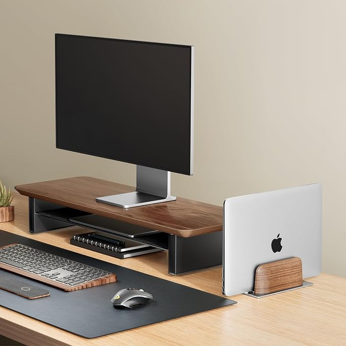 UPERGO Vertical Laptop Stand for Desk, Laptop Holder to Dock MacBook, MacBook Pro and Other Laptops, Black Walnut Wood | Solid Walnut & Aluminum, Adjustable 0.6"-1.4", Scratch-Resistant Pads, Anti-Slip Base, Fits iPad Dell HP - Image 3