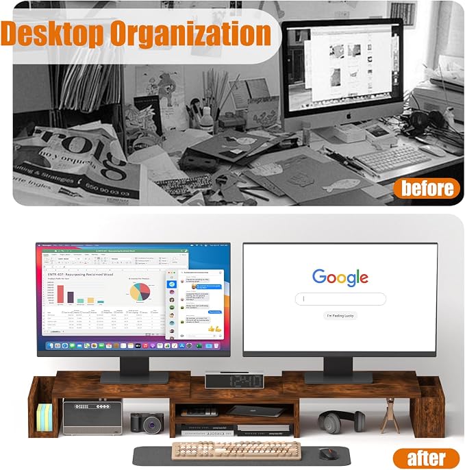 Wood Dual Monitor Stand Riser, Desk Organizers and Accessories with Storage Pen Holders, Adjustable Length and Angle 3 Shelf Extra Long 46" Desktop Organizer for 2 Monitors, Computer, Laptop, TV,Rustic Brown (Triple) - Image 6