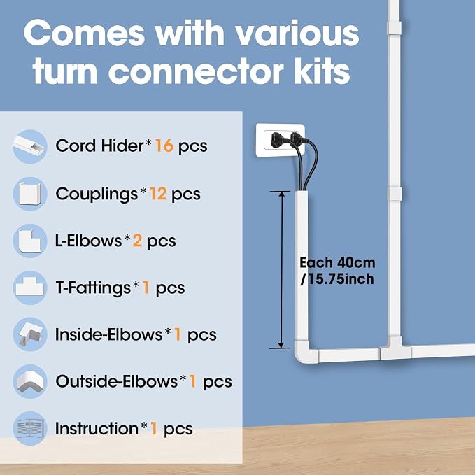 250in Cord Hider Kit, Cord Covers for Wires on Wall, Paintable Cable Raceway, Cord Hider for Wall Mount tv, tv Cable Hider Wall kit, Wire Covers for Cords, 16X L15.75 X W0.96in X H0.57in, White - Image 4