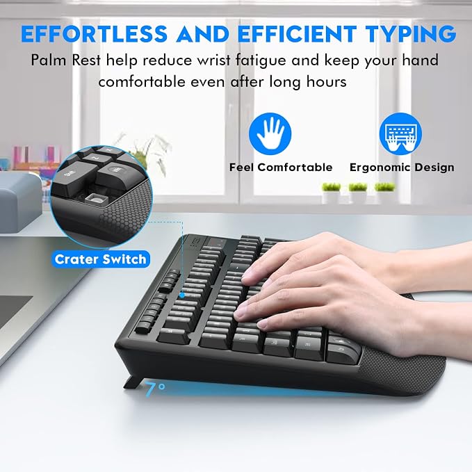 Wireless Keyboard and Mouse Combo, Full Size Ergonomic with Wrist Rest | 2.4GHz USB Receiver, 3 DPI Adjustable 6-Button Cordless Mouse for Computer, Laptop, PC, Windows - Image 3