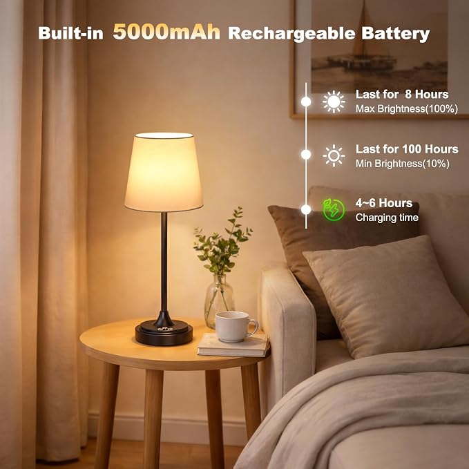 Wowag Cordless Table Lamp Rechargeable,5000mAh Battery Operated Desk Lamp,3 Colors & 7 RGB Stepless Dimmable,Touch Control Ambient Light for Bedside,Bedroom,Dining Room,Living Room,Black,WhiteShade - Image 5