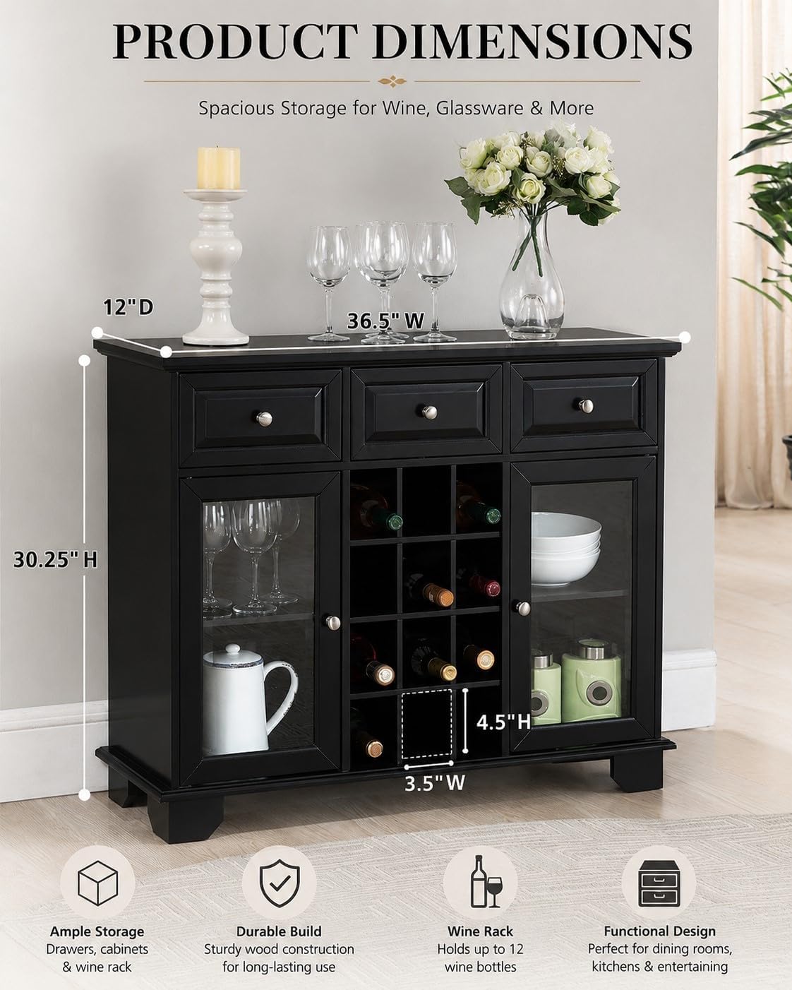 Kings Brand Buffet Sideboard Cabinet with 12-Bottle Wine Rack, Black - Image 3