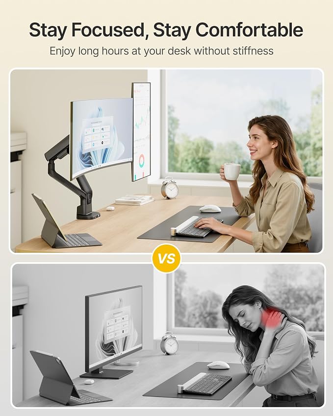 monTEK Mechanical Spring Dual Monitor Arm with USB for 27 32 34inch Screens | Black, Built-in One-Way Bearing, Holds 26.4 lbs, VESA 75/100mm, C-Clamp/Grommet Base & Cable Management, Office, Home, Game - Image 5
