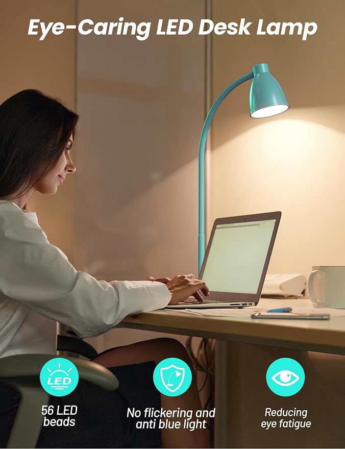 BOHON LED Desk Lamp with USB Charging Port, 3 Color Modes Dimmable, Teal | Reading Lamp, Auto Dimming Task Lamp, Flexible Neck Table Light for Office Dorm Bedside, Adapter Include - Image 5