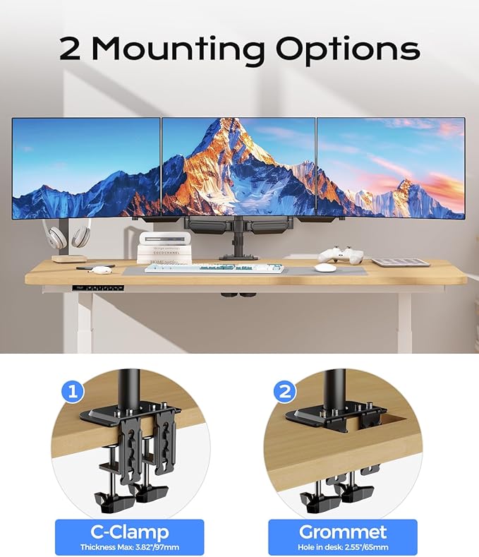Pholiten Triple Monitor Mount for17-32 inches Screen, 2 Gas Spring Arms | Fully Adjustable Heavy Duty Monitor Arm, Clamp & Grommet Mounting, Holds 22 lbs Each - Image 6