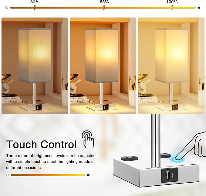 Set of 2 Grey Touch Table Lamp for Bedroom, Dimmable, USB C+A, 2 AC Outlets | 3-Way Dimming, 3000K Bulb Included, Square Grey Lampshade and Silver Base, Desk Lamp for Nightstand, Living Room, Dorm - Image 2