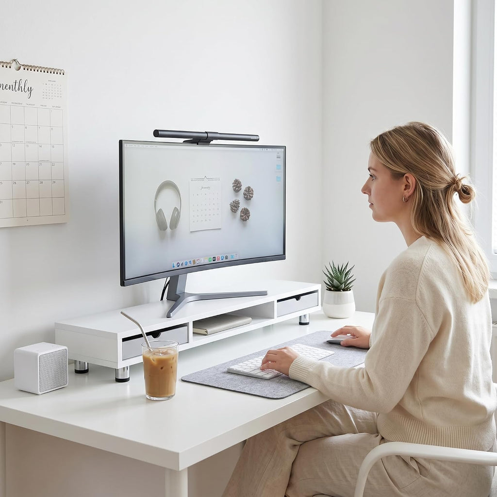 Fenge Dual Monitor Riser with 2 Drawers, 42.5in Long Desk Shelf, White - Image 2