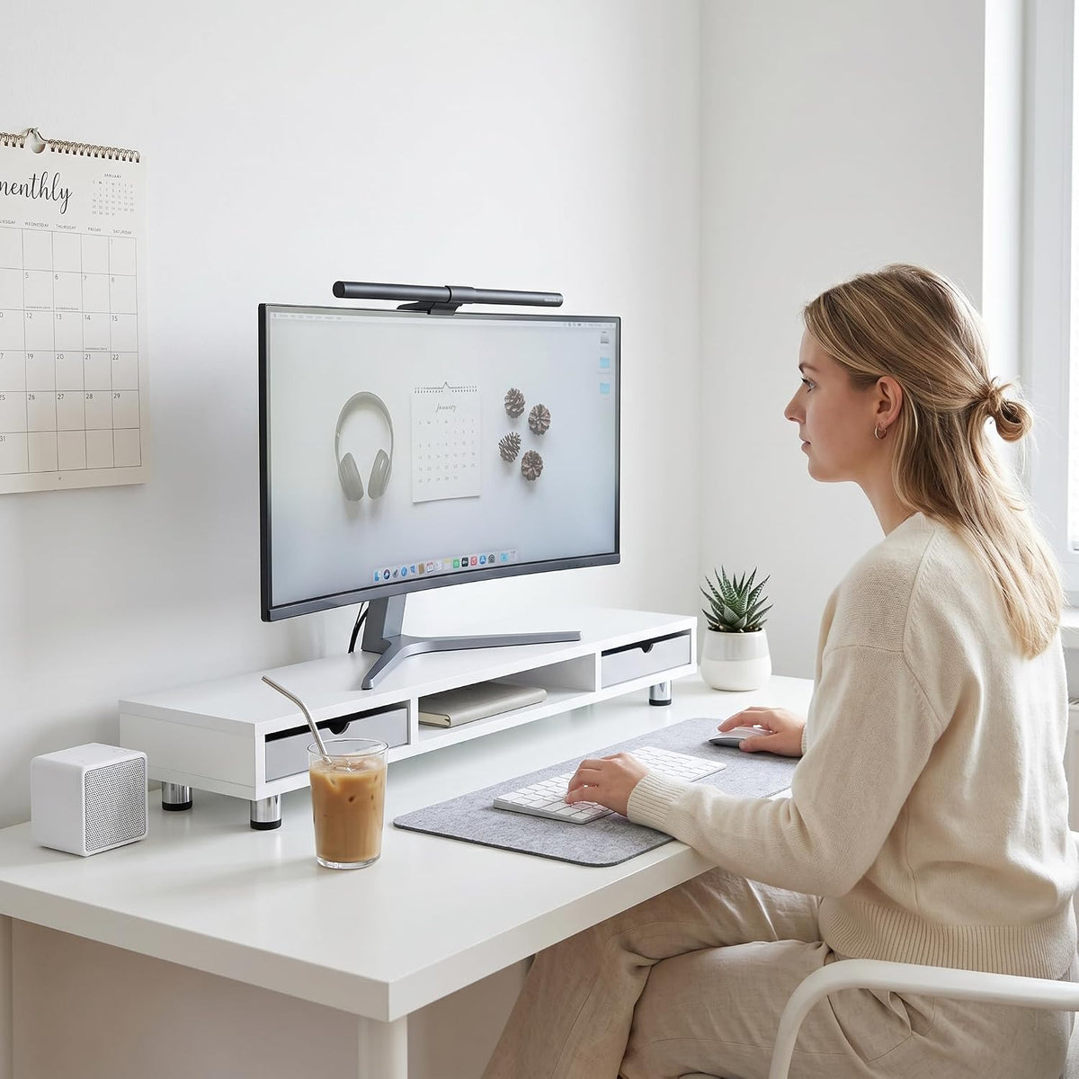 Fenge Dual Monitor Riser with 2 Drawers, 42.5in Long Desk Shelf, White - Image 2