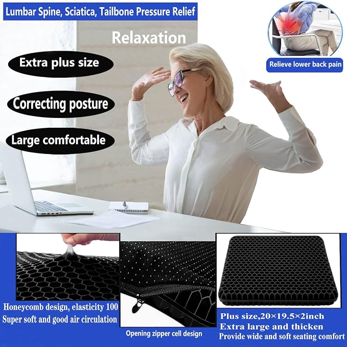 Extra Plus Size Gel Seat Cushion for Long Sitting, Large Cooling Supportive Seat Cushion for Lumbar Spine, Sciatica, Tailbone Pain Relief, Used for The Office, Wheelchair, Car, Recliner, Kayka.(Black) - Image 2