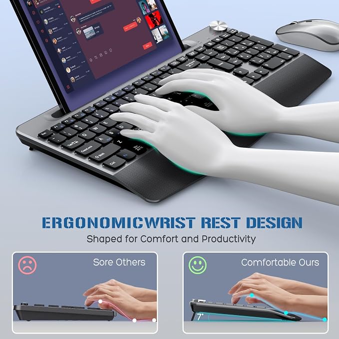 JOYACCESS Wireless Keyboard and Mouse, Ergonomic Wireless Keyboard with Wrist Rest and Phone Holder, Quiet Computer Mouse for Mac PC Laptop-Black Grey - Image 2