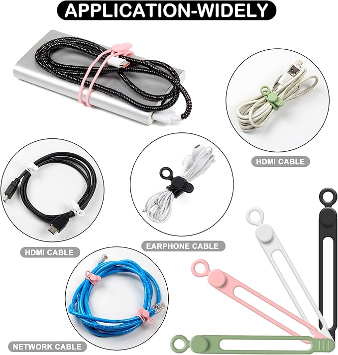 50Pcs Cord Organizer Kit, Reusable Silicone Cable Ties, Strong Adhesive Cable Clips for Cable Management, Multipurpose Wire Management for Bundling and Fastening Various Wires (6 Colors) - Image 4