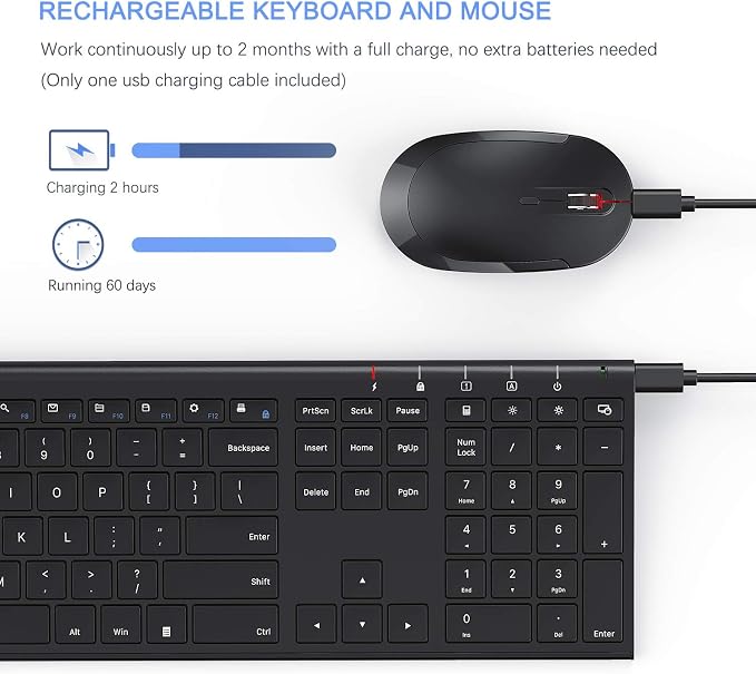 Vssoplor Wireless Keyboard and Mouse, Rechargeable Ultra Slim, Black | Quiet Full-Size Keyboard and Mouse Combo Set, for Laptop, PC, Notebook, Desktop, 2.4GHz Stable Connection, Ideal for Office - Image 3