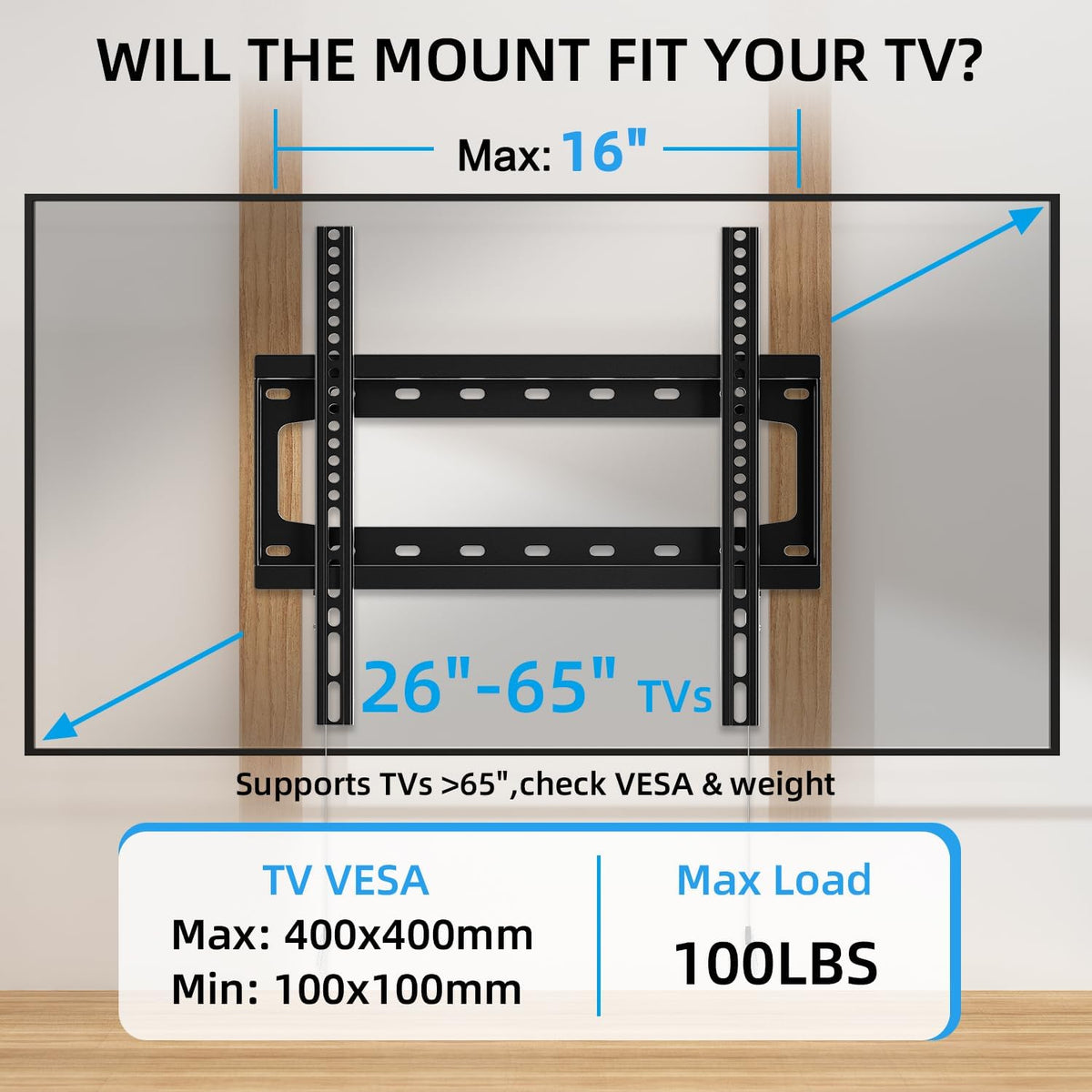 HOME VISION TV Wall Mount Fixed for Most 26-65 Inch Flat/Curved TVs - Image 2