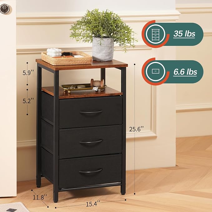 Yoobure Night Stand with Charging Station, 3 Fabric Drawers Nightstand, Bedside Tables with Storage Shelf, End Table with 16 Colors LED, Small Dresser for Small Space, Black Brown | 16 Colors Bedside Table with 3 Fabric Drawers & Storage Shelf, End Tab... - Image 3