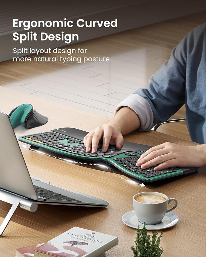 ProtoArc EK01 Plus Backlit Bluetooth Ergonomic Keyboard, Full Size, Green | Adjustable brightness, split design, cushioned wrist rest, connect 3 devices via Bluetooth/2.4G, 2000mAh USB-C rechargeable. - Image 5