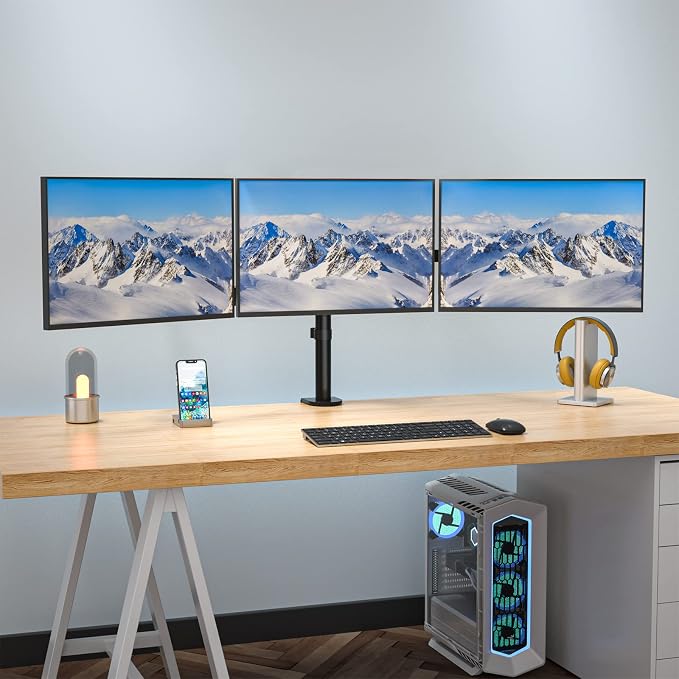 WALI Adjustable Triple Monitor Mount for 13-27 inch Screens, 22 lbs per Arm | 3 Monitor Desk Mount, Full Motion with Tilt, Swivel, Rotation, C-Clamp & Grommet Base, VESA 75/100mm (M003S), Black - Image 8