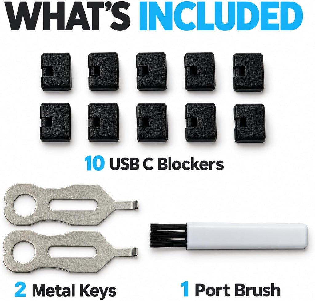 USB C Port Blockers 10 Pack, Control USB C Port Access, 2 Metal Keys, Black - Image 5