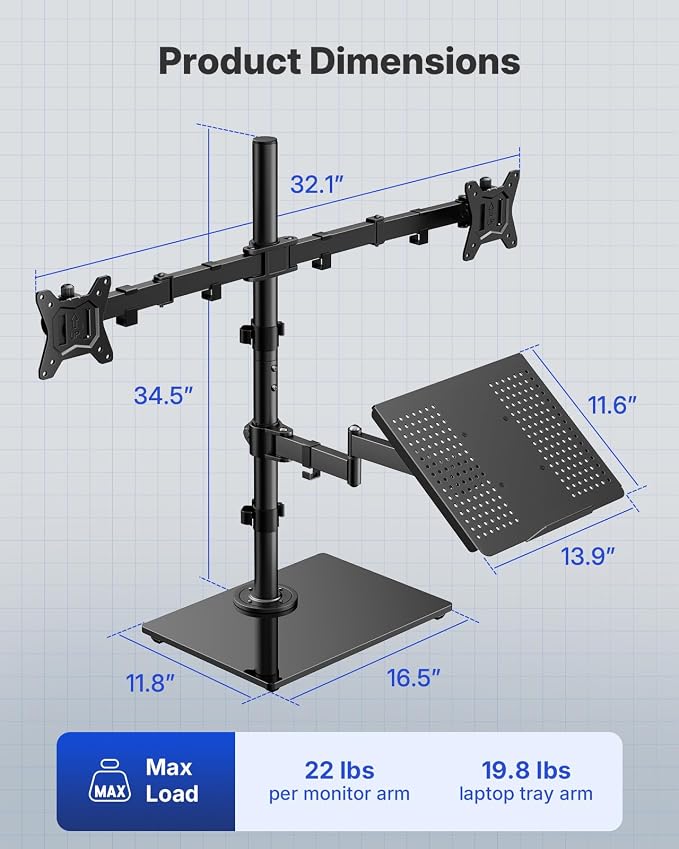 HUANUO Dual Monitor Stand with Laptop Desk Mount, Freestanding Glass Base | Fits 13-32 Inch Screens, Up to 17 Inch Laptop, 22 lbs/Monitor Arm, 19.8 lbs/Tray Arm, 2 Setup Options, VESA 75x75/100x100mm - Image 5