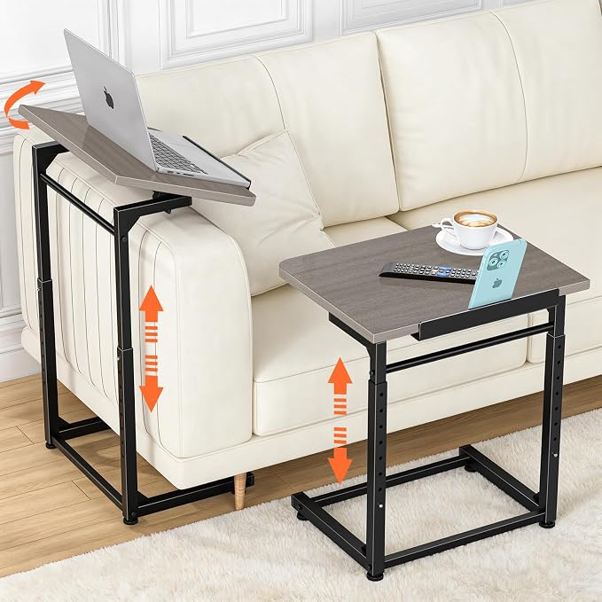 Tv Tray Table, 8-Level Adjustable Height Couch Side Table，90° Tilt Angle Adjustments C-Shaped End Table, with Phone & Tablet Slot Computer Desk for Sofa, Bed, Chair, Living Room（Lvory Gray） by Dataroad+Selead