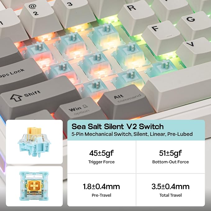 EPOMAKER TH80 V2 75% Wireless Mechanical Keyboard with Metal Knob, 8000mAh | 2.4Ghz/BT/USB-C, RGB, Hot Swap, Custom Driver, PBT Keycap, Wireless Gaming Keyboard for PC/Mac (White, Sea Salt Silent) - Image 5