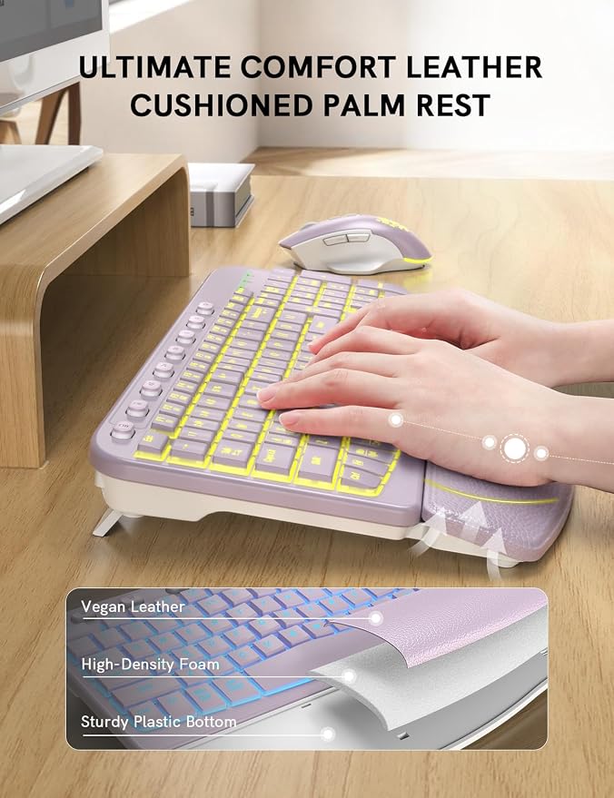 Wireless Keyboard and Mouse Combo, Ergonomic Wave with Wrist Rest | Rechargeable, Backlit Keys, Full Size, 2.4GHz USB Wireless, Leather Finish, MA12Pro Quiet Set for Windows, Mac, PC, Laptop - Image 2