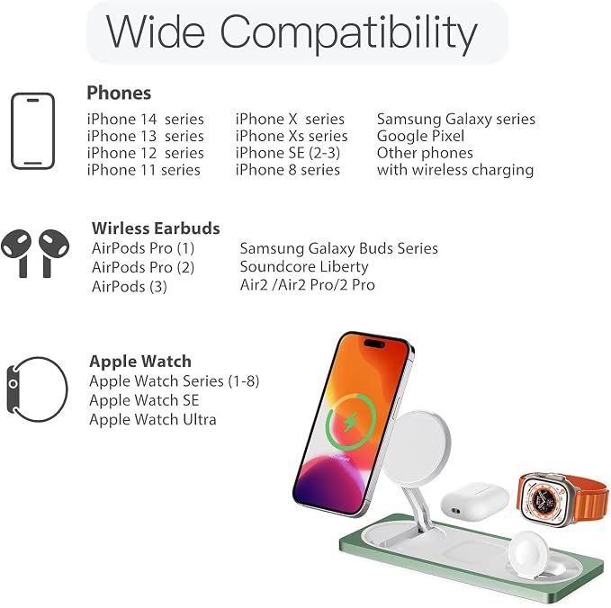 3 in 1 Wireless Charging Station for Apple Devices with MagSafe | For iPhone 17/Air/16/15/14/13/12, AirPods & Apple Watch, Foldable Portable Aluminum Charging Stand, Adapter Included - Image 6