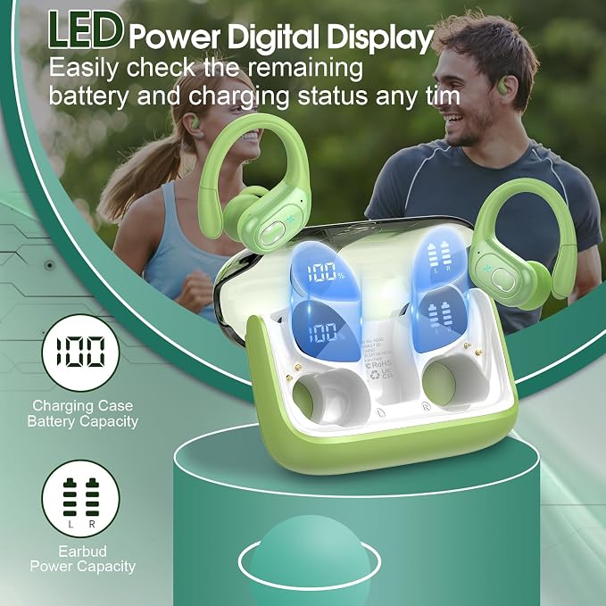 Wireless Earbuds 75H Bluetooth 5.4 Sport Headphones with Earhooks, Green | IPX7 Waterproof In-ear Buds Feature ENC Noise Cancelling Mic & Deep Bass. Stereo Sound Device for Gym Running Workout - Image 4