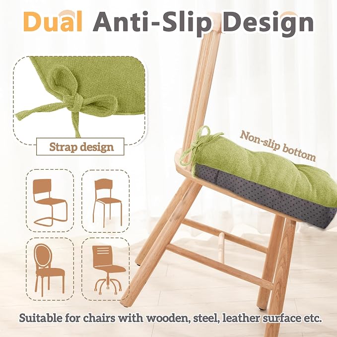 MAGIC ELEPHANT Chair Cushions for Dining Chairs, Memory Foam Kitchen Chair Cushions Set of 4, Non-Slip Thick Dining Room Chair Pads Seat Cushions, 15.5" x 15.5" x 4" (Sage Green) - Image 3