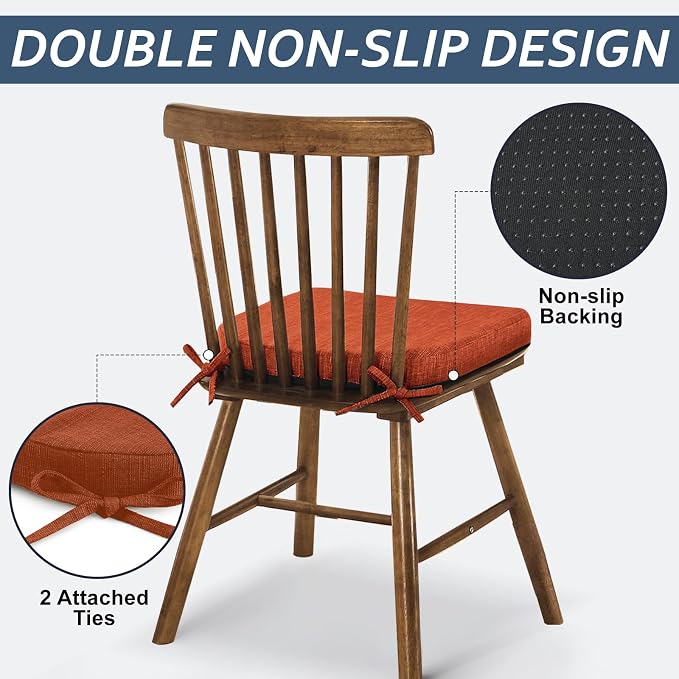 Basic Beyond Chair Cushions for Dining Chairs 4 Pack, Kitchen Chair Cushions with Ties and Non Slip Backing, 16 x 16 inches Chair Pads for Dining Chairs (Orange) - Image 3