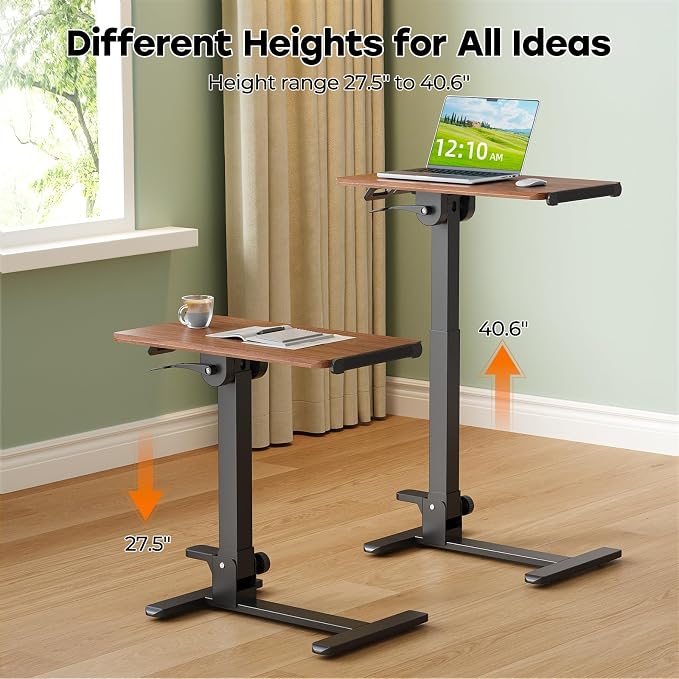 27" Foldable Standing Desk, No-Assembly Needed, Dark Wood | Height Adjustable Portable Mobile Desk with 90° Tiltable Desktop for Storage, End Table for Couch on Wheels - Image 3