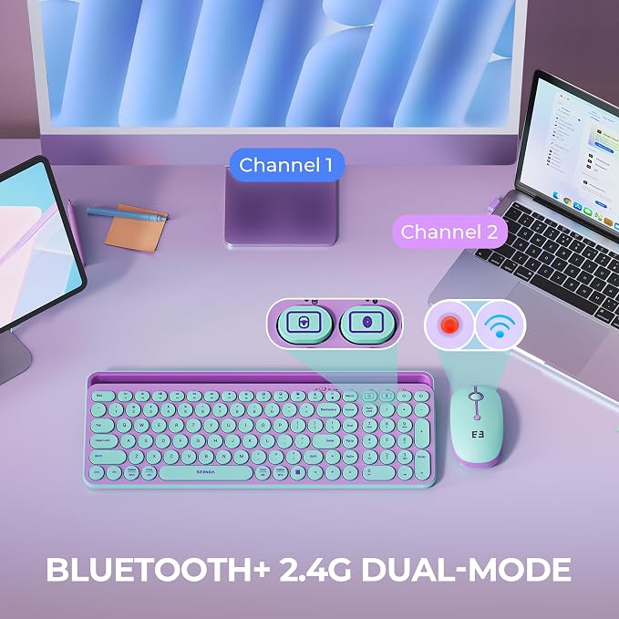 seenda CTU-301 Bluetooth Keyboard and Mouse Combo for iPad,Green&Purple | Bluetooth+2.4G combo with tablet holder, full-size keys and quiet clicks for iPad, iPhone, Mac, Windows and Android. - Image 2