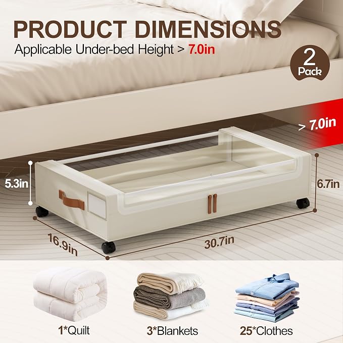 LAMU Under Bed Storage with Wheels, 2Pack Underbed Storage Containers,Beige | Smooth-rolling Wheels, Clear Lid & Label, Sturdy Metal Frame, Easy Install, Rolling Storage Drawers for Clothes, Shoes, Toys - Image 2