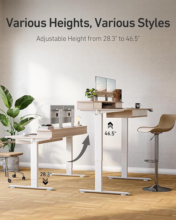 CubiCubi 60" x 30" Standing Electric Desk with Drawers, Light Rustic Brown | Height Adjustable Workstation, Computer Sit Stand Up Office Table with Large Storage Shelf, 4 Drawers and 2 Hooks - Image 4