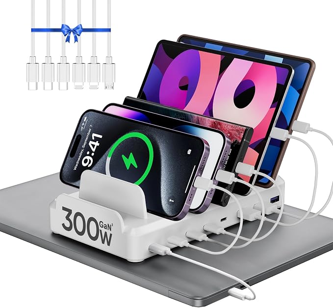 Lcssio 300W Charging Station for Multiple Devices, 8 Port Fast Charger | Fast Charging, Safety Certified, Compact Design, Organized Charging, Multiple Devices at Once, With 6 Cables by LcssioChargeFaster