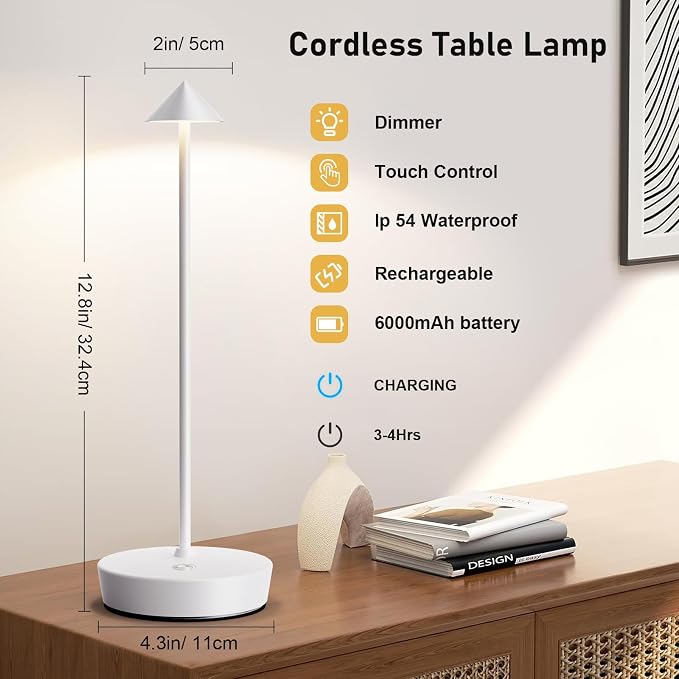 Set of 2 Cordless Rechargeable Led Table Lamp Battery Operated Light White | 6000mAh Touch 3 Color Dimming Portable Metal Outdoor Waterproof Light for Patio/Restaurant/Dining/Home - Image 8
