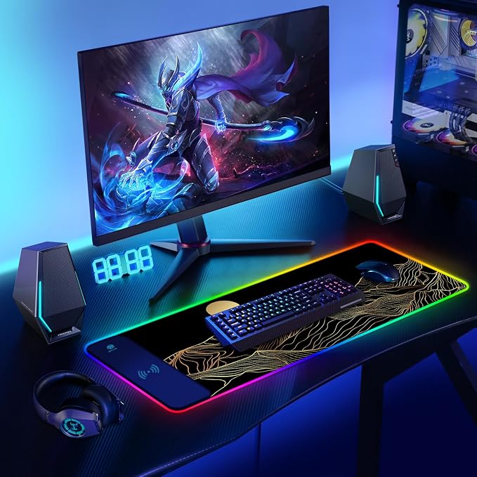 ToLuLu RGB Wireless Charging Gaming Mouse Pad, 7.5/10/15W 10 Light Modes LED Mouse Pad Computer Keyboard Mat Mousepad, 800x300x4MM Extended Large Desk Mat Desk Pad, Sun Shines Over Golden Mountain - Image 8