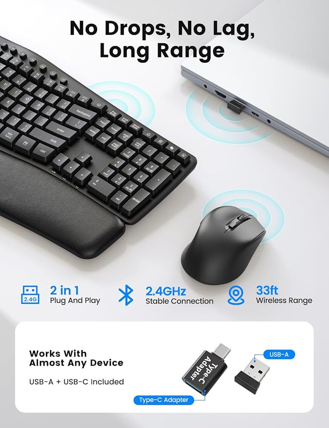 Wireless Keyboard and Mouse Combo, SABLUTE MA41 30dB Quiet Ergonomic Wave Keyboard Set with Soft Leather Palm Rest, Dual-System Switch for Windows/Mac, Ideal for Business Teams Home Office | Soft Leather Memory Foam Wrist Rest, 2.4GHz Wireless, UAB-A &... - Image 5