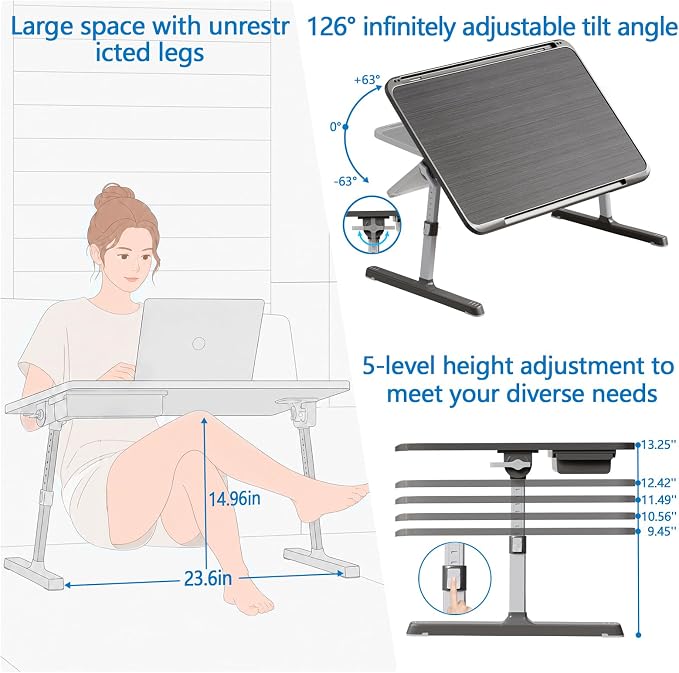 Potuopy Adjustable Lap Desk,Large Smooth Easy-Clean Wood Grain Desktop,Foldable Laptop Bed Tray Table with Storage Drawer,Portable Laptop Stand Fits 17" Laptop for Bed Couch Floor (Light Striped) - Image 3