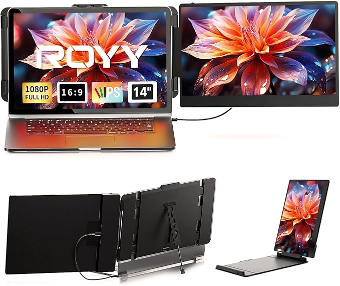 ROYY Laptop Screen Extender, 14" 1080P FHD IPS Portable Monitor | One cable plug & play, Fits 13-17.3" laptops, Second screen compatible with Windows/Mac/Android/Switch/PS by ROYY