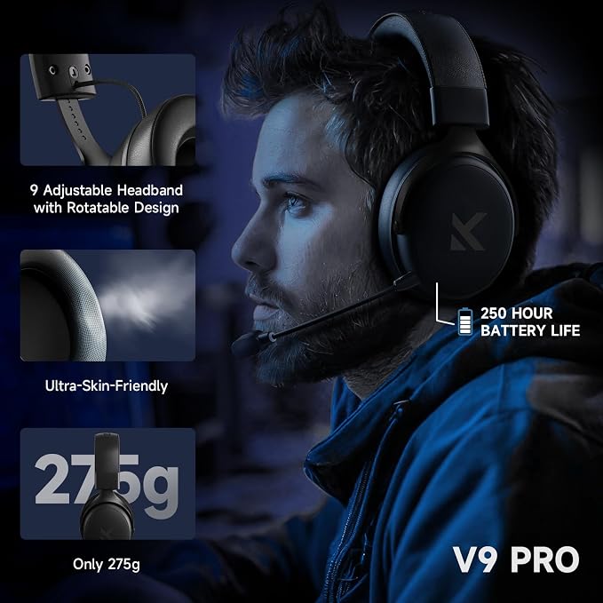 MCHOSE V9 PRO Wireless Gaming Headset 7.1 Surround Sound for PS5 PS4 PC SWITCH TOPSPEED Gaming Headphones with Noise Canceling Mic, 250Hr Battery, Low 15ms Latency, Lightweight, BT 5.3 FPS Games Black - Image 8