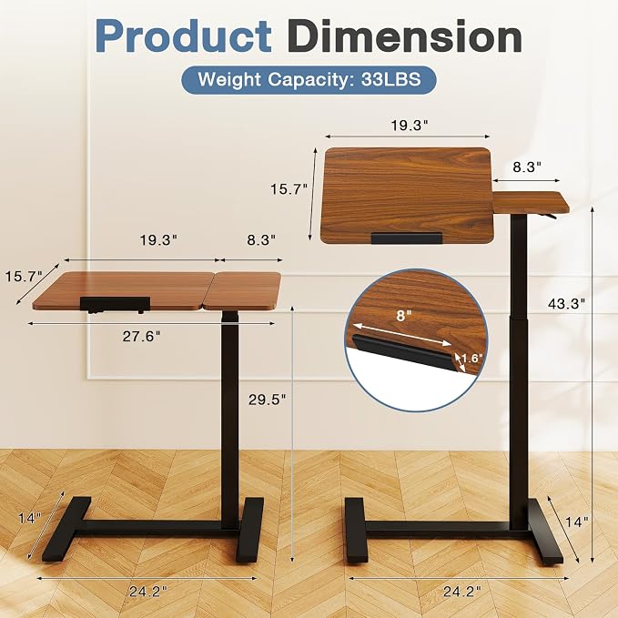 DUMOS Adjustable Bedside Overbed Table with Wheels, Brown | Laptop Standing Desk with Tilting Top Height, Mobile Rolling Computer Cart for Hospital Home Bedroom Use - Image 5