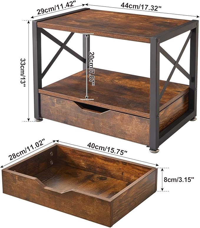 IBUYKE 2 Tier Desktop Printer Stand with Drawer Storage TLJ006H | Multi-Purpose Desk Organizer,Wooden Printer Stand for Folders,Books,for Fax Machine, Scanner,Home Office - Image 2