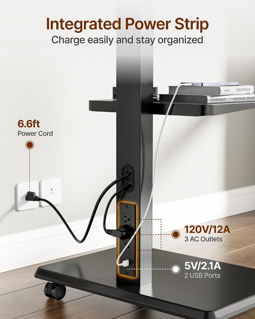 Steel Base Rolling TV Stand with Power Outlet for 32-75 inch TVs,BL - Image 2