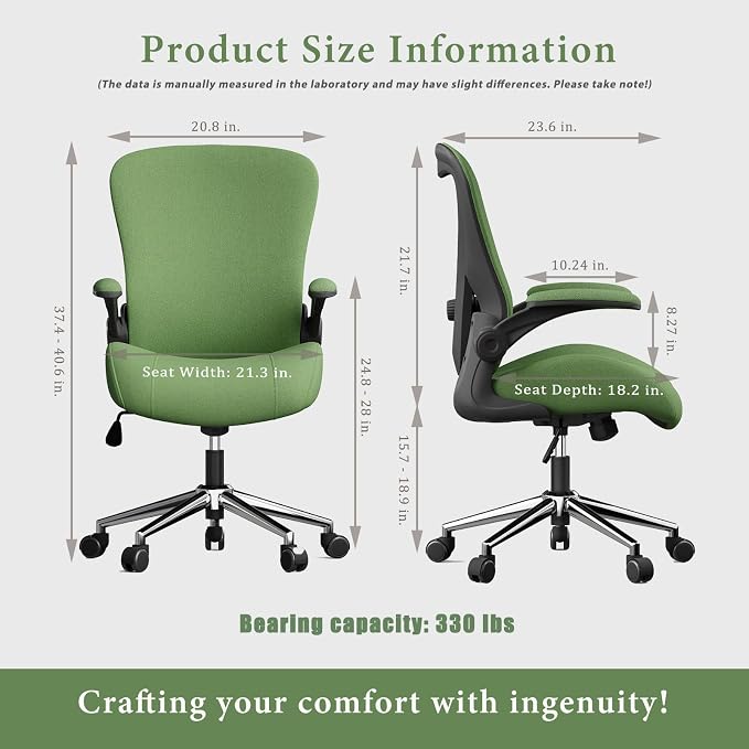 Green Ergonomic Office Desk Chair, Soft Fabric Thickened Curved seat Cushion with Adjustable Lumbar Support, Perfect Blend of Comfort and Good Looks, Ideal Chair for Home or Office, Green - Image 2