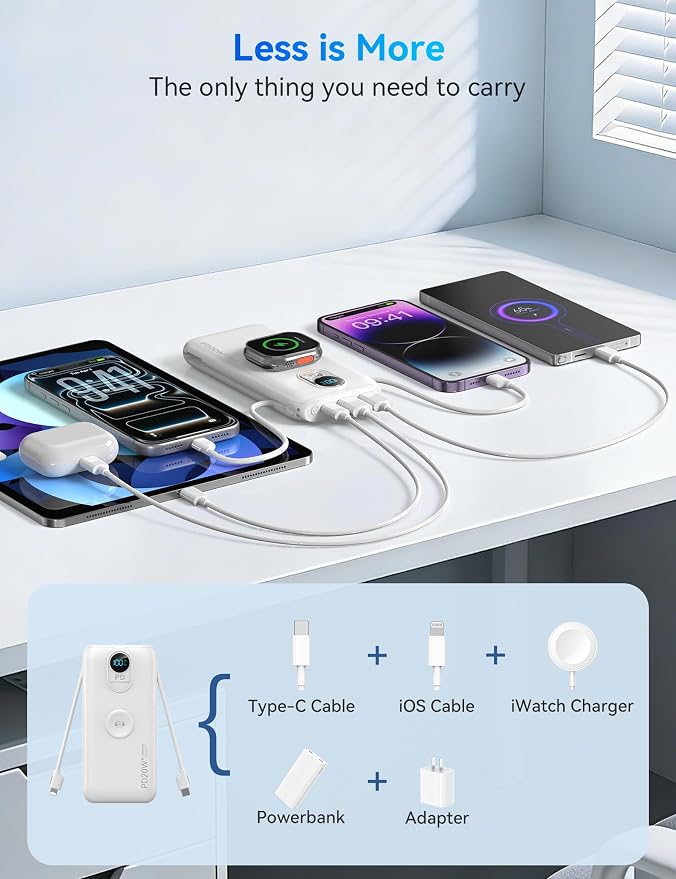 Portable Charger Power Bank 10000mAh PD20W w/Built-in Cables & AC Plug | Portable charger iphone,Fast charging, Built-in wall plug, LED display, Charge 6 devices at once, Pass through charging - Image 3