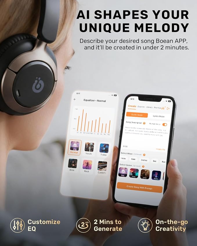 Boean Active Noise Cancelling Headphones, Bluetooth 6.0 Wireless Over Ear Headphones with 120H Playtime, 360° Spatial Audio & 5 ENC Mics, Soft Memory Foam, Transparency Mode for Office Travel Gaming - Image 8