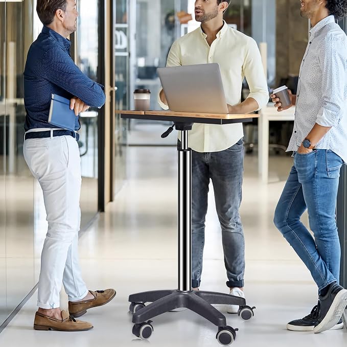 wishacc Rolling Desk Adjustable Height, Mobile Standing Desk on Wheels, Small Portable Sit Stand Laptop Cart, Wood Computer Desk with Cup Holder for Home Office (Extra Large) | XL Bamboo Top, Large Compact Surface, Gas Spring Lifting System, 5-Position... - Image 3