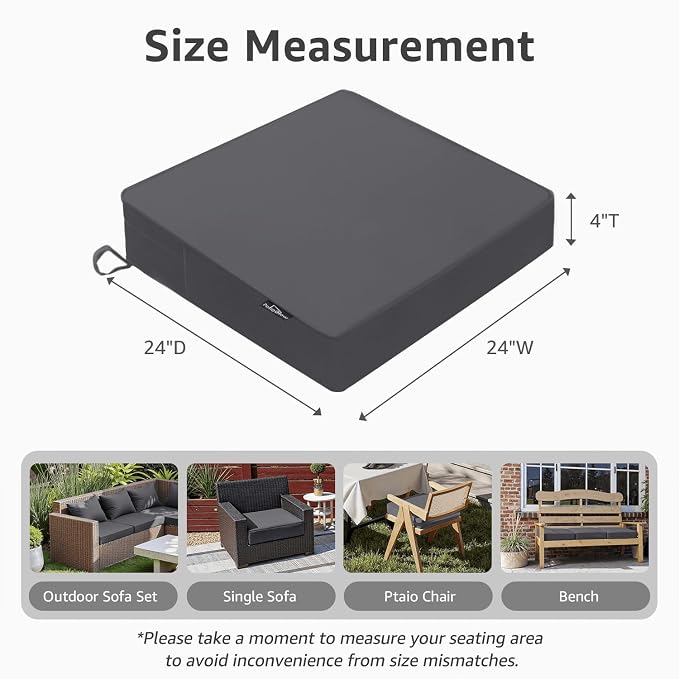 PatioGlow Outdoor Chair Cushions 24 x 24 x 4 Inch, Waterproof & Fade Resistant Patio Seat Cushion for Furniture with Handle and Ties, Thick Seating Pads for Outside Sofa Couch Set of 2, Grey - Image 2